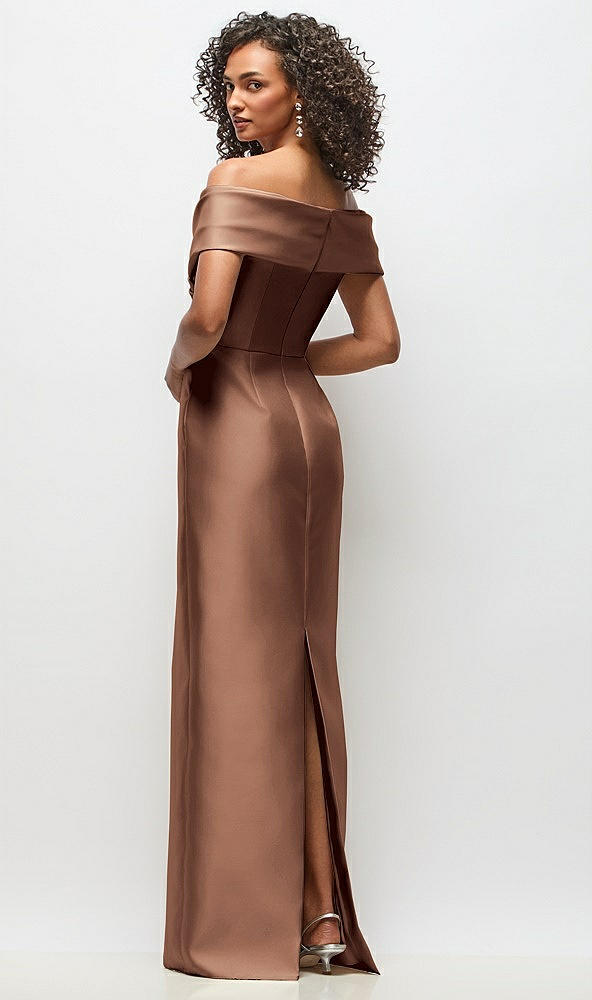 Back View - Cognac Draped Wrap Off-the-Shoulder Satin Column Floral Maxi Dress