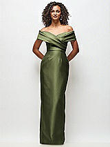 Front View Thumbnail - Olive Green Draped Wrap Off-the-Shoulder Satin Column Floral Maxi Dress