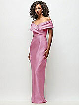 Side View Thumbnail - Powder Pink Draped Wrap Off-the-Shoulder Satin Column Floral Maxi Dress