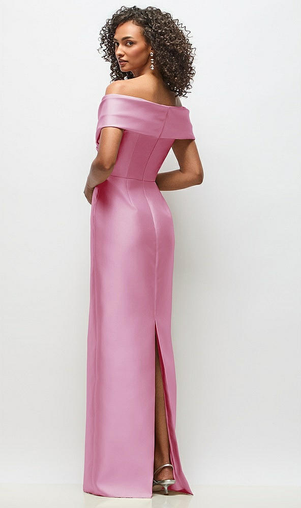 Back View - Powder Pink Draped Wrap Off-the-Shoulder Satin Column Floral Maxi Dress