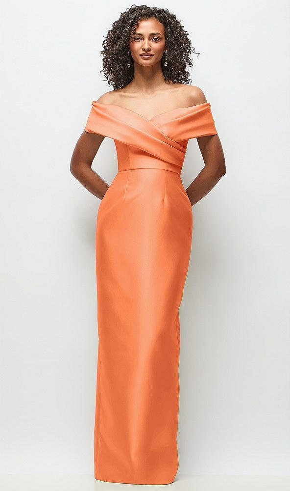 Front View - Portofino Orange Draped Wrap Off-the-Shoulder Satin Column Floral Maxi Dress