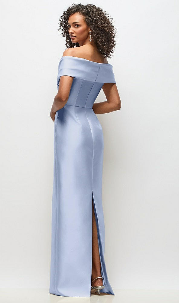 Back View - Sky Blue Draped Wrap Off-the-Shoulder Satin Column Floral Maxi Dress