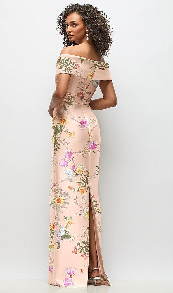 Back View - Butterfly Botanica Pink Sand Draped Wrap Off-the-Shoulder Satin Column Maxi Dress