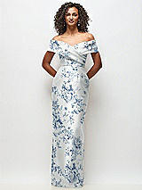 Front View Thumbnail - Cottage Rose Larkspur Draped Wrap Off-the-Shoulder Satin Column Maxi Dress