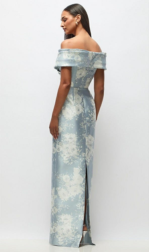 Back View - Porcelain Blue Seraphina Floral Draped Wrap Off-the-Shoulder Satin Column Maxi Dress