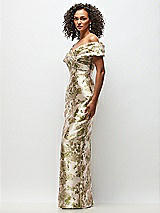 Side View Thumbnail - Peridot Blush Draped Wrap Off-the-Shoulder Abstract Floral Jacquard Column Maxi Dress