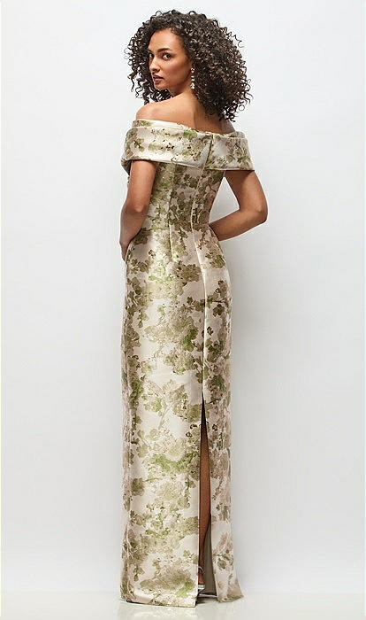 Draped Wrap Off-the-Shoulder Abstract Floral Jacquard Column Maxi Dress