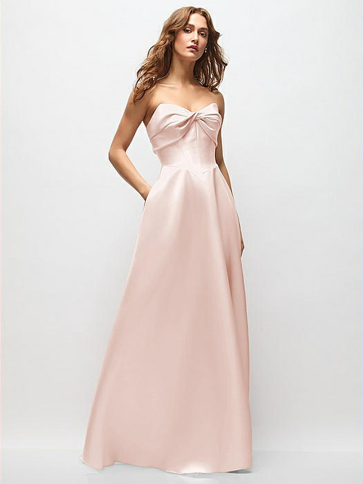Strapless Twist Cuff Neck Satin Maxi Dress with Basque-Waist & Full Skirt