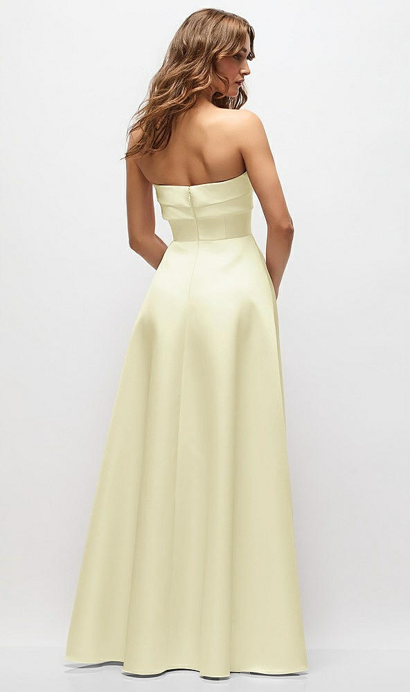 Back View - Butter Yellow Strapless Twist Cuff Neck Satin Maxi Dress with Basque-Waist & Full Skirt