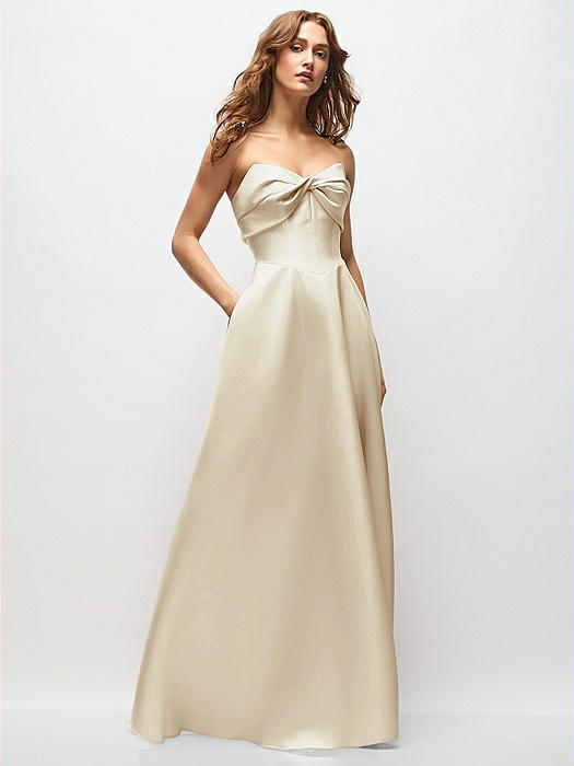 Strapless Twist Cuff Neck Satin Maxi Dress with Basque-Waist & Full Skirt