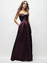 Front View Thumbnail - Deep Plum Strapless Twist Cuff Neck Satin Maxi Dress with Basque-Waist & Full Skirt