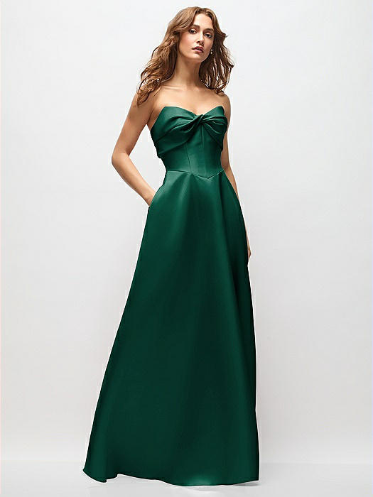 Strapless Twist Cuff Neck Satin Maxi Dress with Basque-Waist & Full Skirt