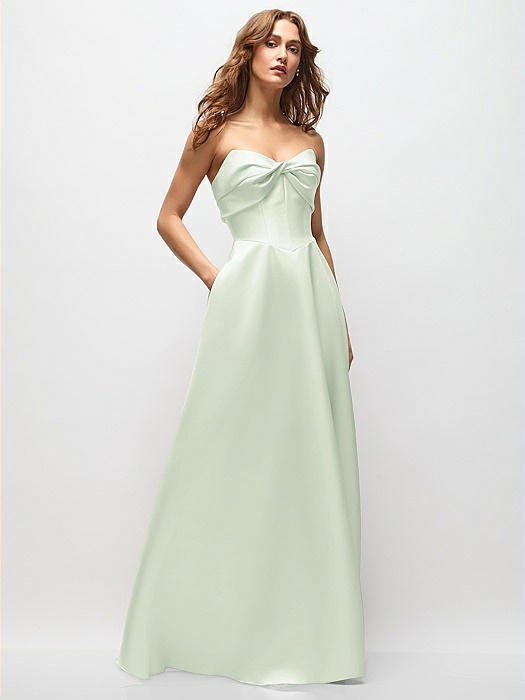 Strapless Twist Cuff Neck Satin Maxi Dress with Basque-Waist & Full Skirt