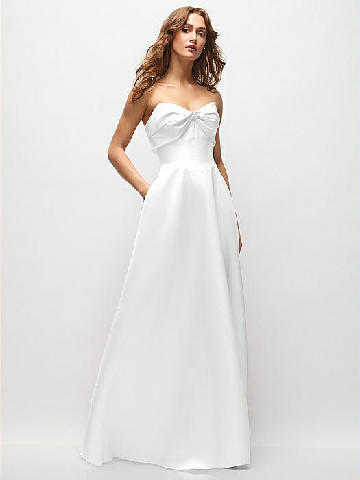 Strapless Twist Cuff Neck Satin Maxi Dress with Basque-Waist & Full Skirt