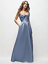 Front View Thumbnail - Larkspur Blue Strapless Twist Cuff Neck Satin Maxi Dress with Basque-Waist & Full Skirt