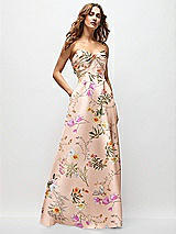 Front View Thumbnail - Butterfly Botanica Pink Sand Strapless Twist Cuff Neck Floral Satin Maxi Dress with Basque-Waist & Full Skirt