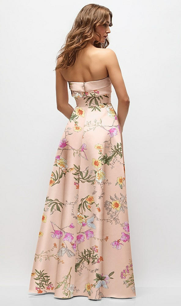 Back View - Butterfly Botanica Pink Sand Strapless Twist Cuff Neck Floral Satin Maxi Dress with Basque-Waist & Full Skirt
