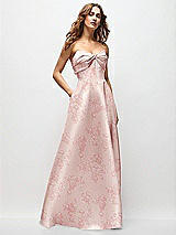 Front View Thumbnail - Bow And Blossom Print Strapless Twist Cuff Neck Floral Satin Maxi Dress with Basque-Waist & Full Skirt