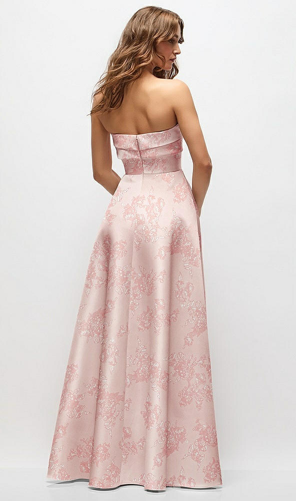 Back View - Bow And Blossom Print Strapless Twist Cuff Neck Floral Satin Maxi Dress with Basque-Waist & Full Skirt