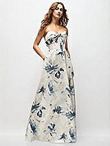 Front View Thumbnail - Inkwash Blue Floral Strapless Twist Cuff Neck Floral Satin Maxi Dress with Basque-Waist & Full Skirt