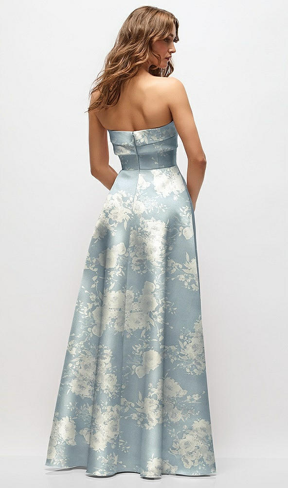 Back View - Porcelain Blue Seraphina Floral Strapless Twist Cuff Neck Floral Satin Maxi Dress with Basque-Waist & Full Skirt