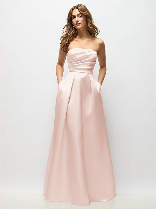 Strapless Hand-Pleated Bodice Satin Maxi Dress with Full Pleated Skirt