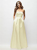 Front View Thumbnail - Butter Yellow Strapless Hand-Pleated Bodice Satin Maxi Dress with Full Pleated Skirt