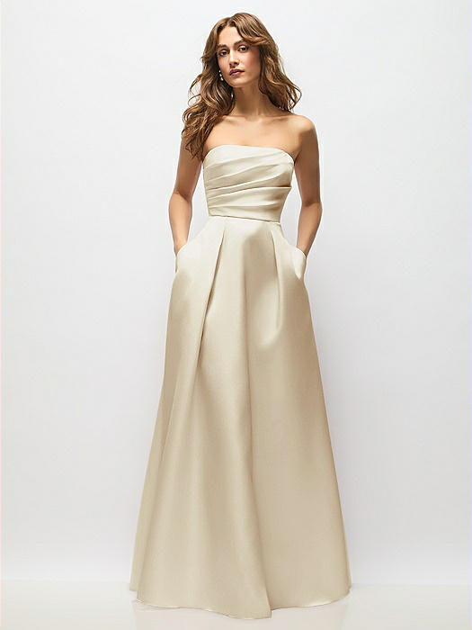 Strapless Hand-Pleated Bodice Satin Maxi Dress with Full Pleated Skirt