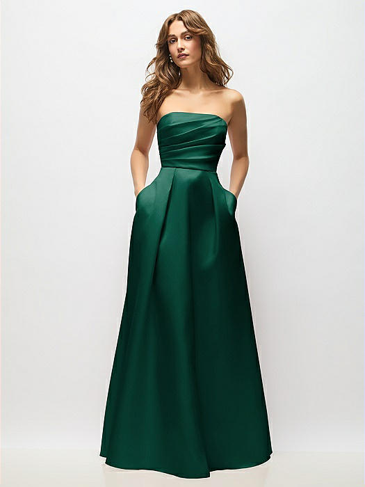 Strapless Hand-Pleated Bodice Satin Maxi Dress with Full Pleated Skirt