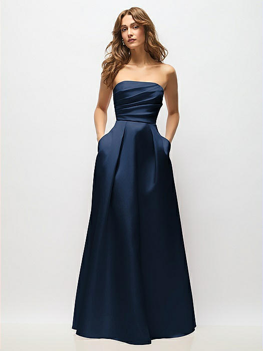 Strapless Hand-Pleated Bodice Satin Maxi Dress with Full Pleated Skirt