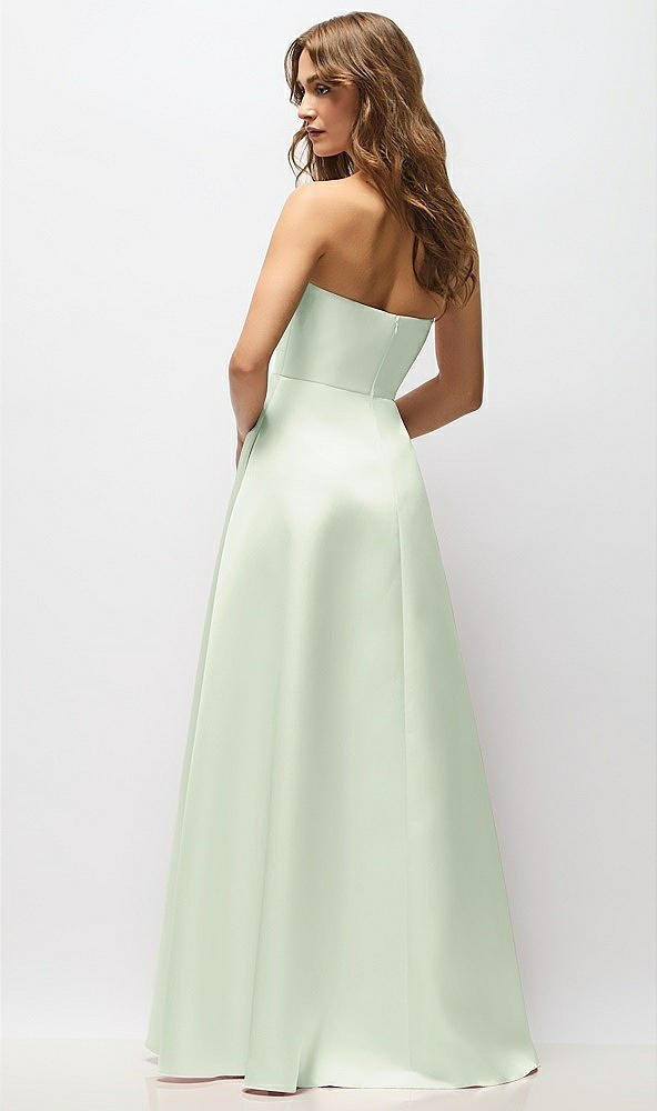 Back View - Mint Green Strapless Hand-Pleated Bodice Satin Maxi Dress with Full Pleated Skirt