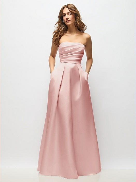 Strapless Hand-Pleated Bodice Satin Maxi Dress with Full Pleated Skirt