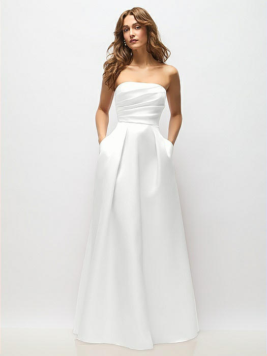 Strapless Hand-Pleated Bodice Satin Maxi Dress with Full Pleated Skirt