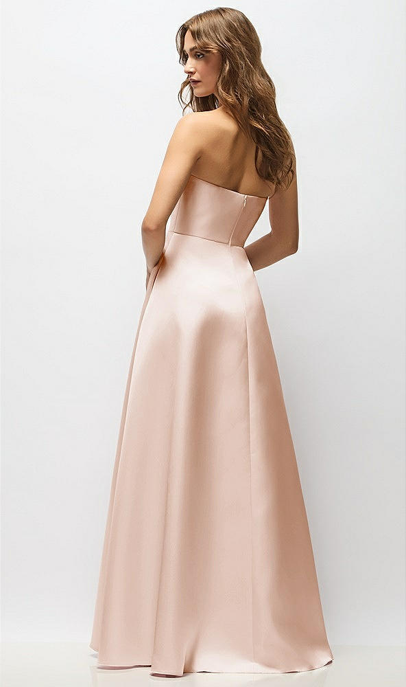 Back View - Cameo Strapless Hand-Pleated Bodice Satin Maxi Dress with Full Pleated Skirt