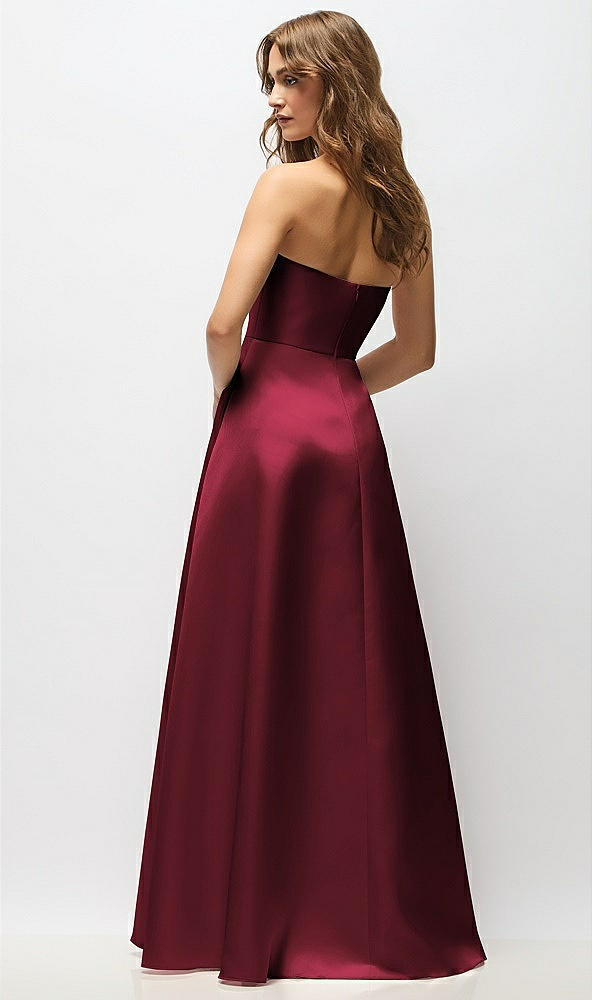 Back View - Cabernet Strapless Hand-Pleated Bodice Satin Maxi Dress with Full Pleated Skirt