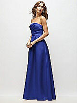 Side View Thumbnail - Cobalt Blue Strapless Hand-Pleated Bodice Satin Maxi Dress with Full Pleated Skirt