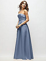 Side View Thumbnail - Larkspur Blue Strapless Hand-Pleated Bodice Satin Maxi Dress with Full Pleated Skirt