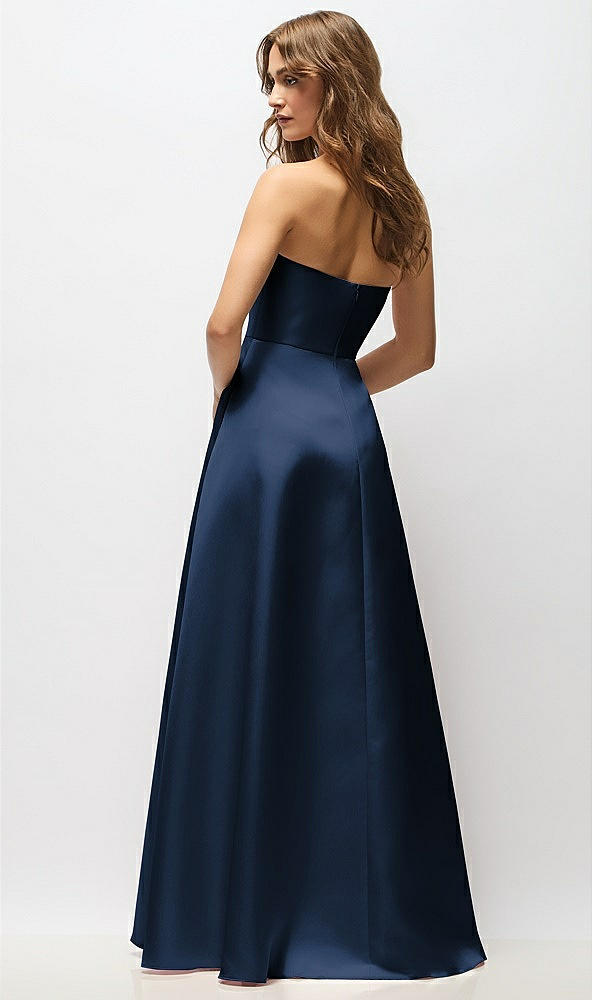 Back View - Midnight Navy Strapless Hand-Pleated Bodice Satin Maxi Dress with Full Pleated Skirt