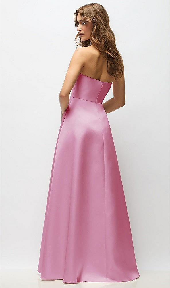 Back View - Powder Pink Strapless Hand-Pleated Bodice Satin Maxi Dress with Full Pleated Skirt