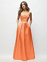 Front View Thumbnail - Portofino Orange Strapless Hand-Pleated Bodice Satin Maxi Dress with Full Pleated Skirt