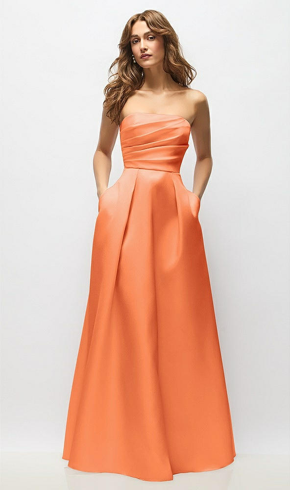 Front View - Portofino Orange Strapless Hand-Pleated Bodice Satin Maxi Dress with Full Pleated Skirt