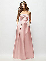 Front View Thumbnail - Rose Strapless Hand-Pleated Bodice Satin Maxi Dress with Full Pleated Skirt