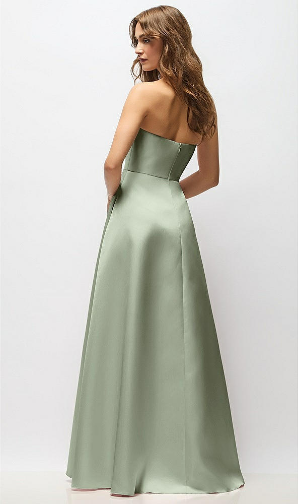 Back View - Sage Strapless Hand-Pleated Bodice Satin Maxi Dress with Full Pleated Skirt