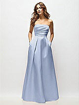 Front View Thumbnail - Sky Blue Strapless Hand-Pleated Bodice Satin Maxi Dress with Full Pleated Skirt