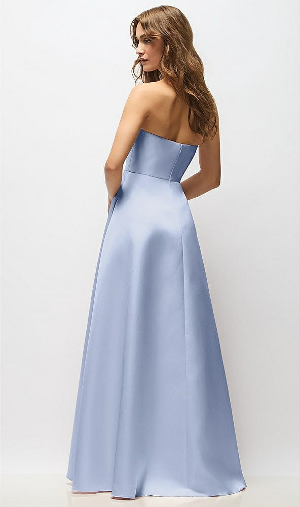 Back View - Sky Blue Strapless Hand-Pleated Bodice Satin Maxi Dress with Full Pleated Skirt