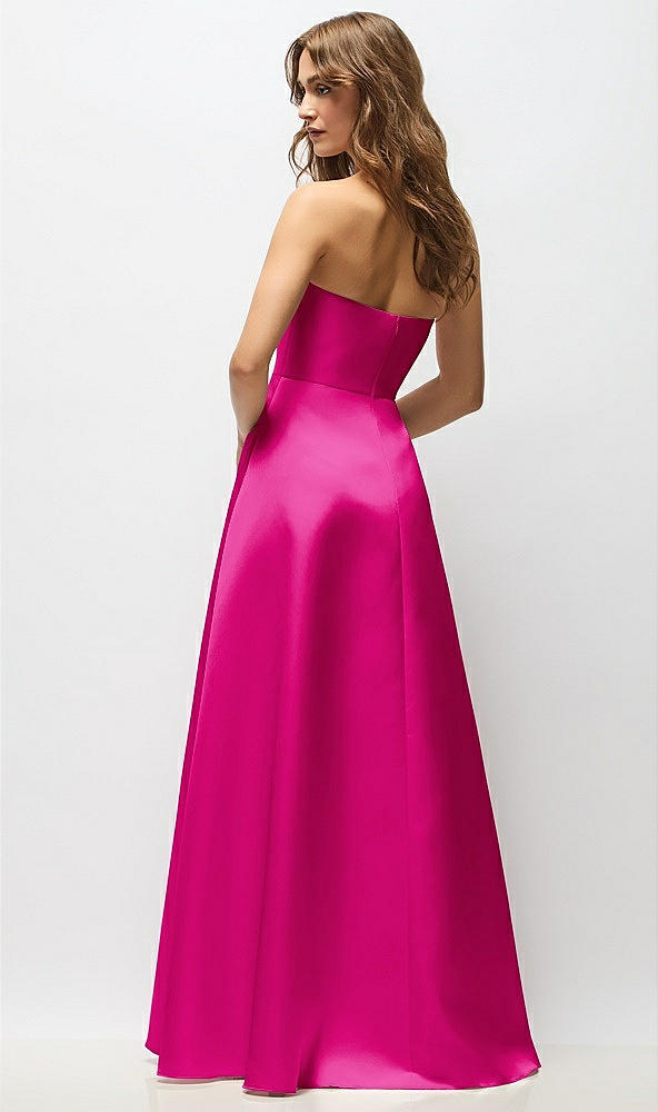 Back View - Think Pink Strapless Hand-Pleated Bodice Satin Maxi Dress with Full Pleated Skirt
