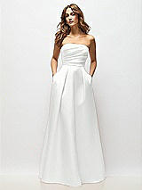 Front View Thumbnail - White Strapless Hand-Pleated Bodice Satin Maxi Dress with Full Pleated Skirt
