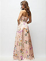 Rear View Thumbnail - Butterfly Botanica Pink Sand Strapless Hand-Pleated Bodice Floral Satin Maxi Dress with Full Pleated Skirt