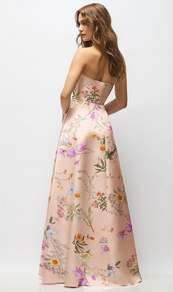 Back View - Butterfly Botanica Pink Sand Strapless Hand-Pleated Bodice Floral Satin Maxi Dress with Full Pleated Skirt