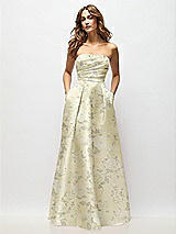 Front View Thumbnail - Butter Yellow Floral Strapless Hand-Pleated Bodice Floral Satin Maxi Dress with Full Pleated Skirt